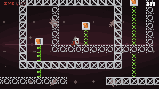 A screenshot of Computer World 1 showing J.Me jumping up towards a switch in a grid of X and O blocks